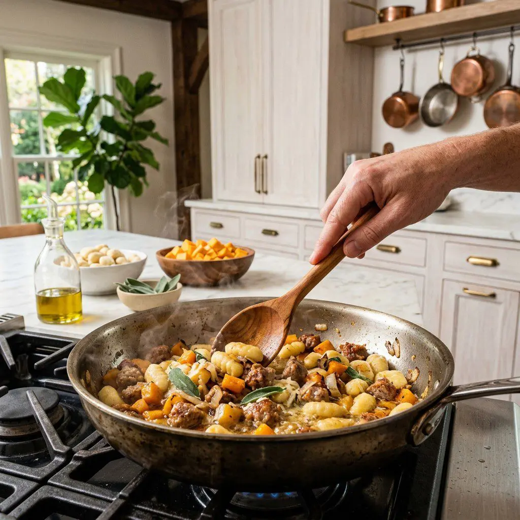 Home cook prepared steps for assembling and cooking Homemade Gnocchi with Sausage and Butternut Squash.