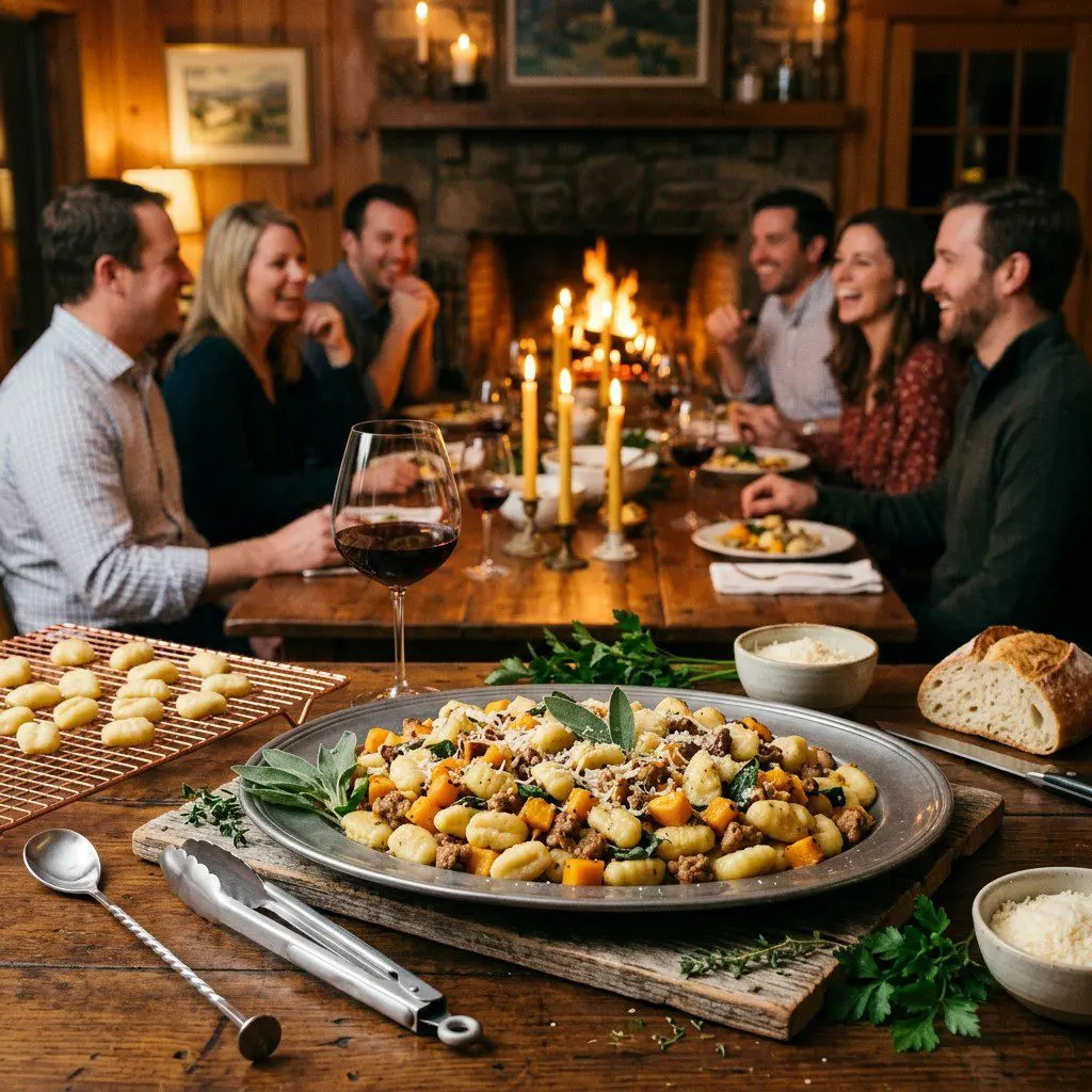 An appetizing, fresh serving of cooked Homemade Gnocchi with Sausage and Butternut Squash displayed beautifully on a styled dining table.