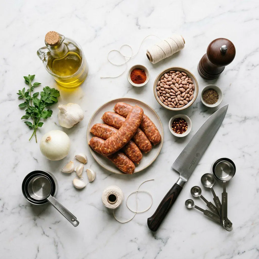 Raw cooking ingredients for Hot n’ Spicy Pressure Cooker Beans and Grilled Turkey Sausage arranged beautifully on a clean kitchen counter.