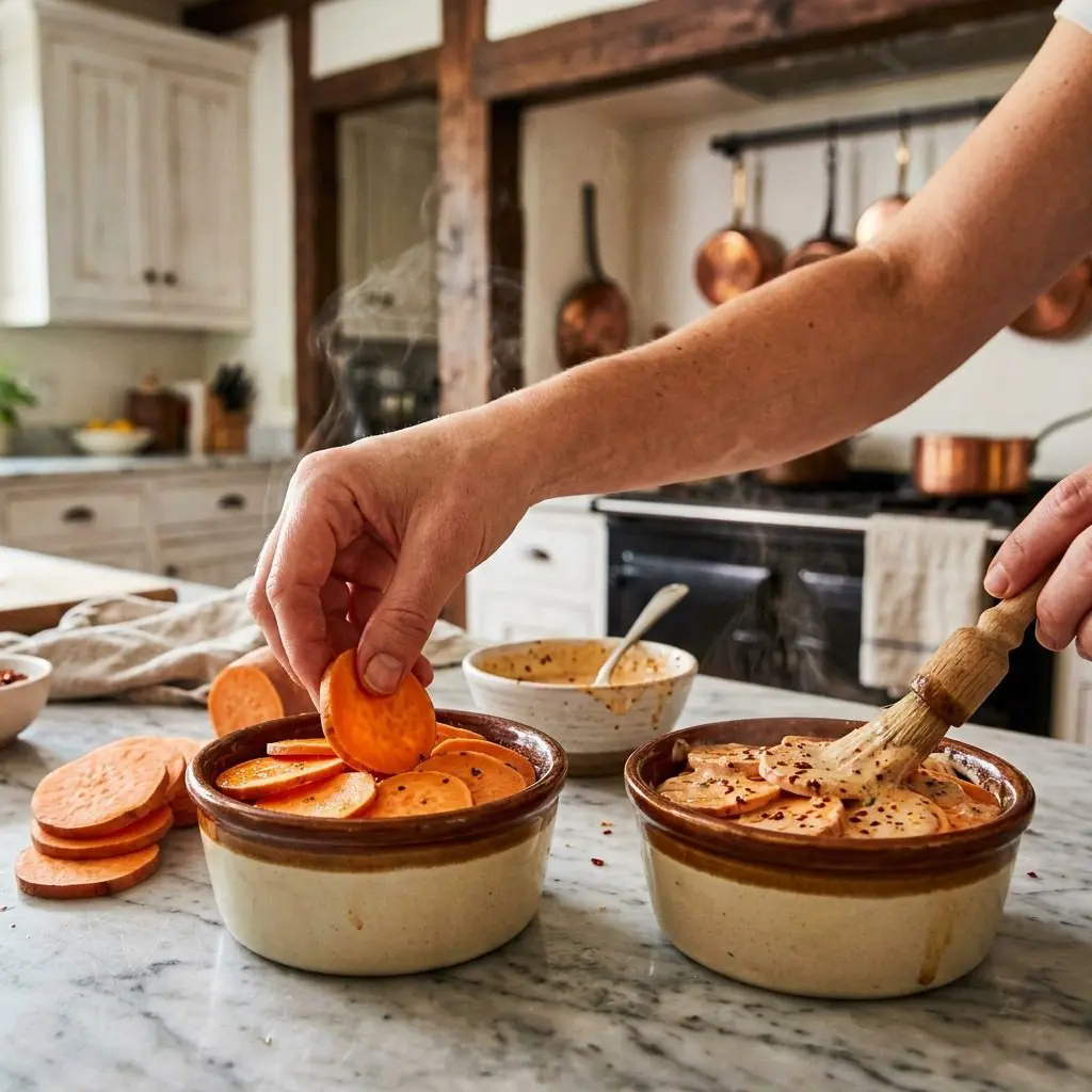 Home cook prepared steps for assembling and cooking Individual Chili Spiced Sweet Potato Gratins.