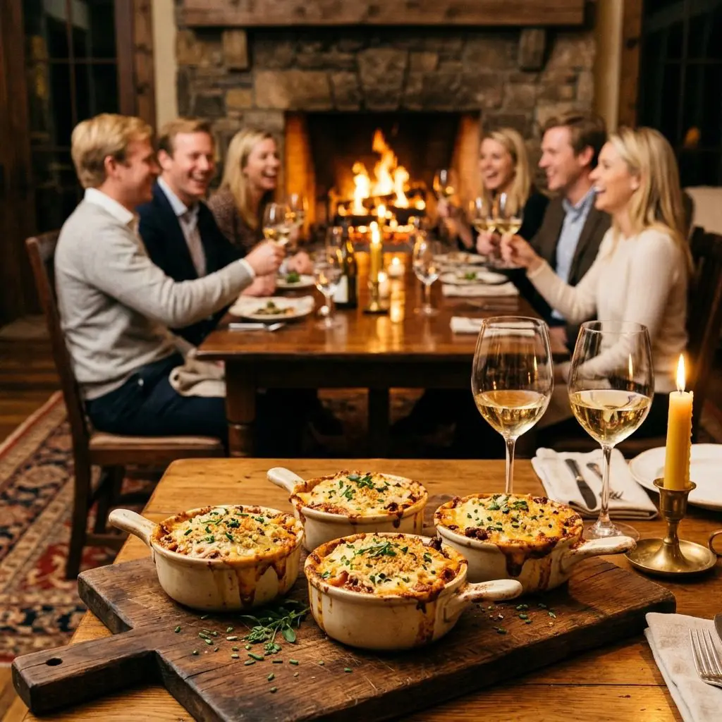 An appetizing, fresh serving of cooked Individual Chili Spiced Sweet Potato Gratins displayed beautifully on a styled dining table.