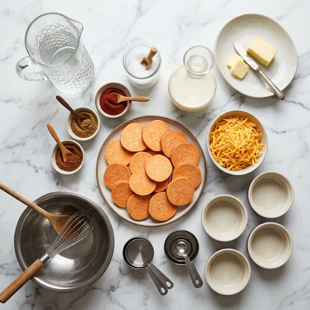 Raw cooking ingredients for Individual Chili Spiced Sweet Potato Gratins arranged beautifully on a clean kitchen counter.