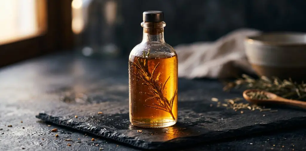 A small glass bottle of rosemary simple syrup, the rosemary sprig visible inside, the amber liquid glowing.