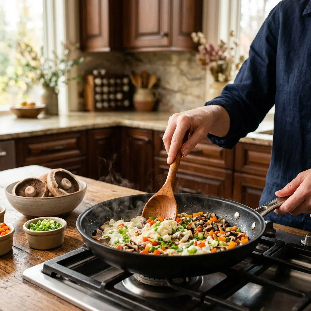 Home cook prepared steps for assembling and cooking Inside Out Egg White Omelet.