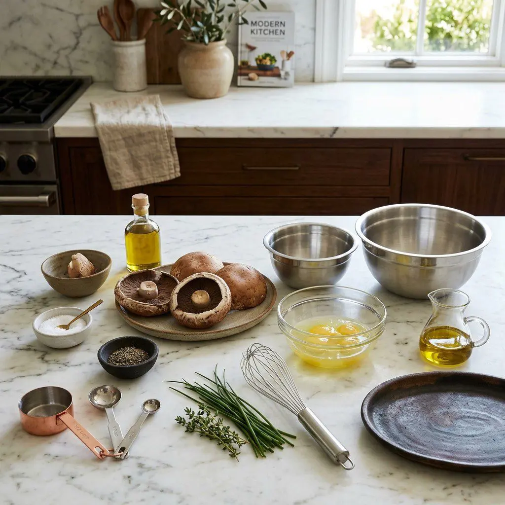 Raw cooking ingredients for Inside Out Egg White Omelet arranged beautifully on a clean kitchen counter.