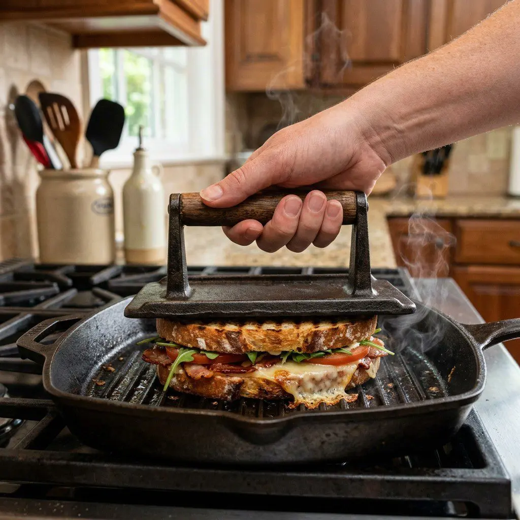 Home cook prepared steps for assembling and cooking Italian BLT Panini.
