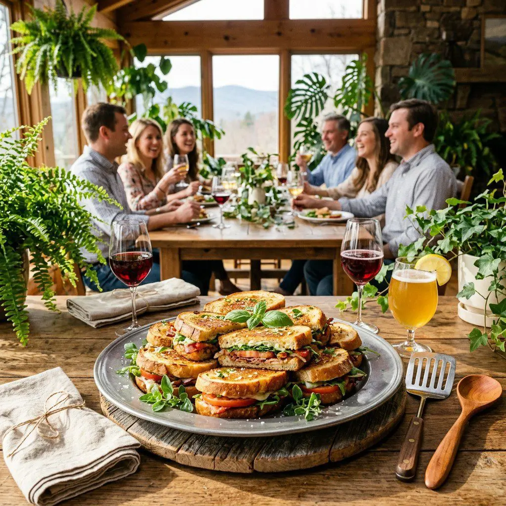 An appetizing, fresh serving of cooked Italian BLT Panini displayed beautifully on a styled dining table.