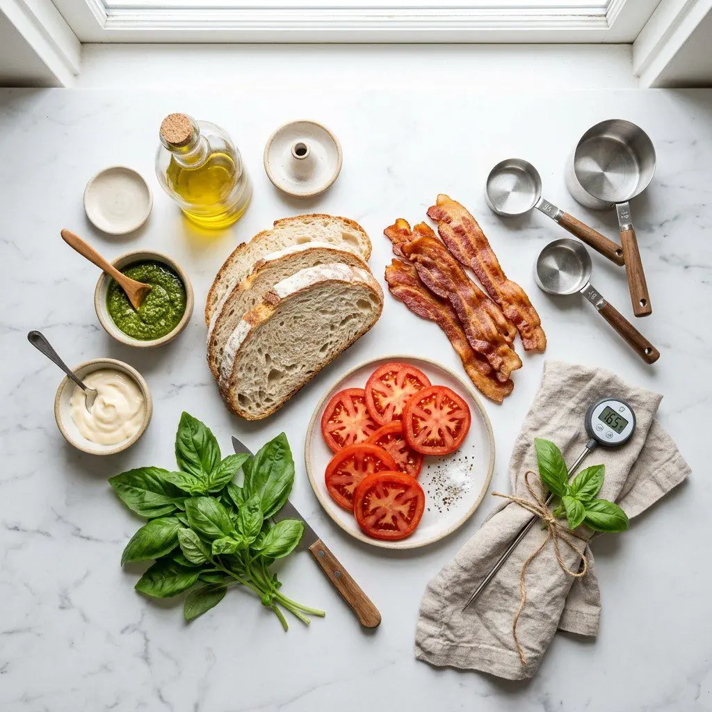 Raw cooking ingredients for Italian BLT Panini arranged beautifully on a clean kitchen counter.