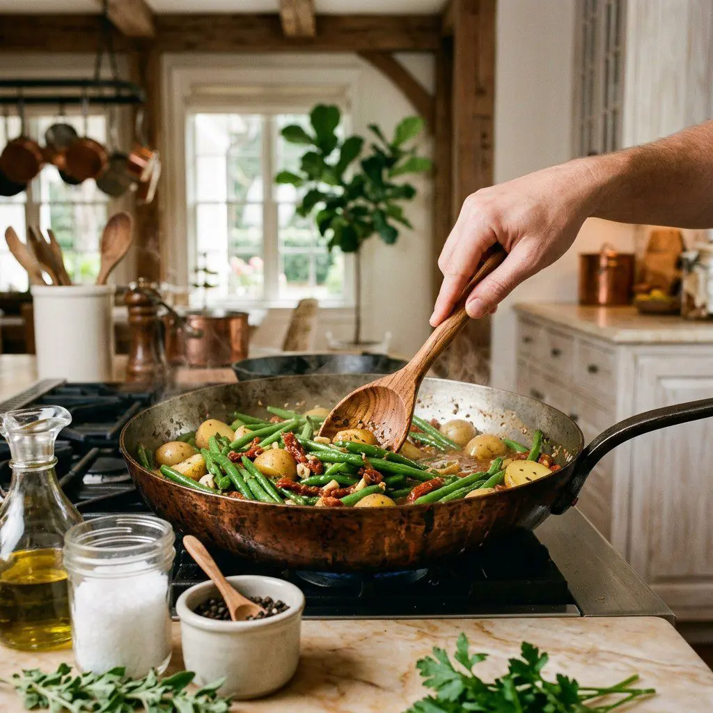 Home cook prepared steps for assembling and cooking Italian-Style Green Beans with Potatoes and Sun-Dried Tomatoes.