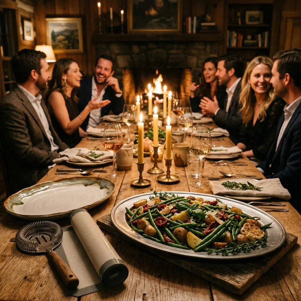 An appetizing, fresh serving of cooked Italian-Style Green Beans with Potatoes and Sun-Dried Tomatoes displayed beautifully on a styled dining table.