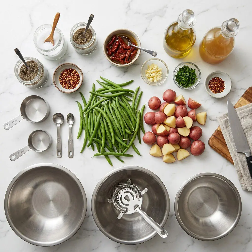 Raw cooking ingredients for Italian-Style Green Beans with Potatoes and Sun-Dried Tomatoes arranged beautifully on a clean kitchen counter.