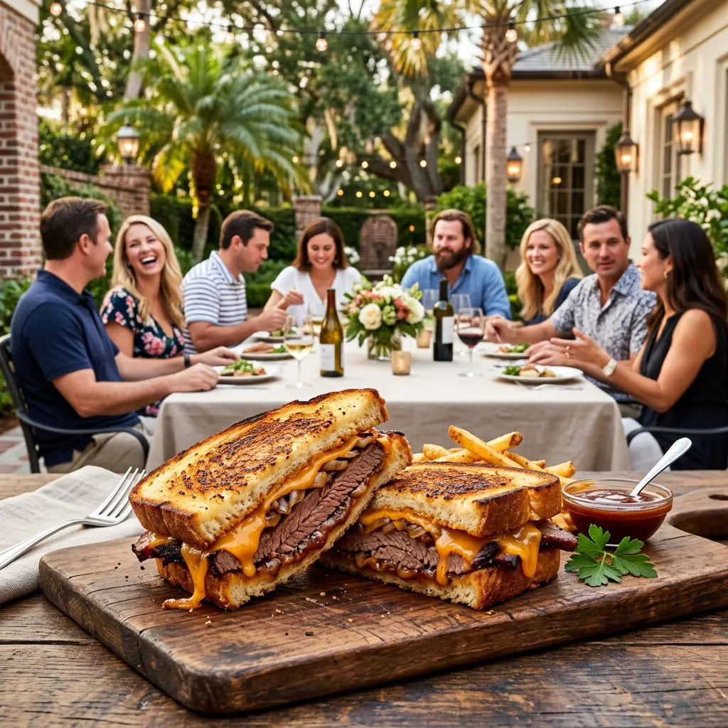 A gorgeous single-view lifestyle photo of freshly prepared Brisket Panini on Texas Toasts.