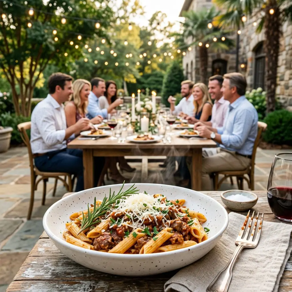 A gorgeous single-view lifestyle photo of freshly prepared Lamb Ragu over Penne Rigate.