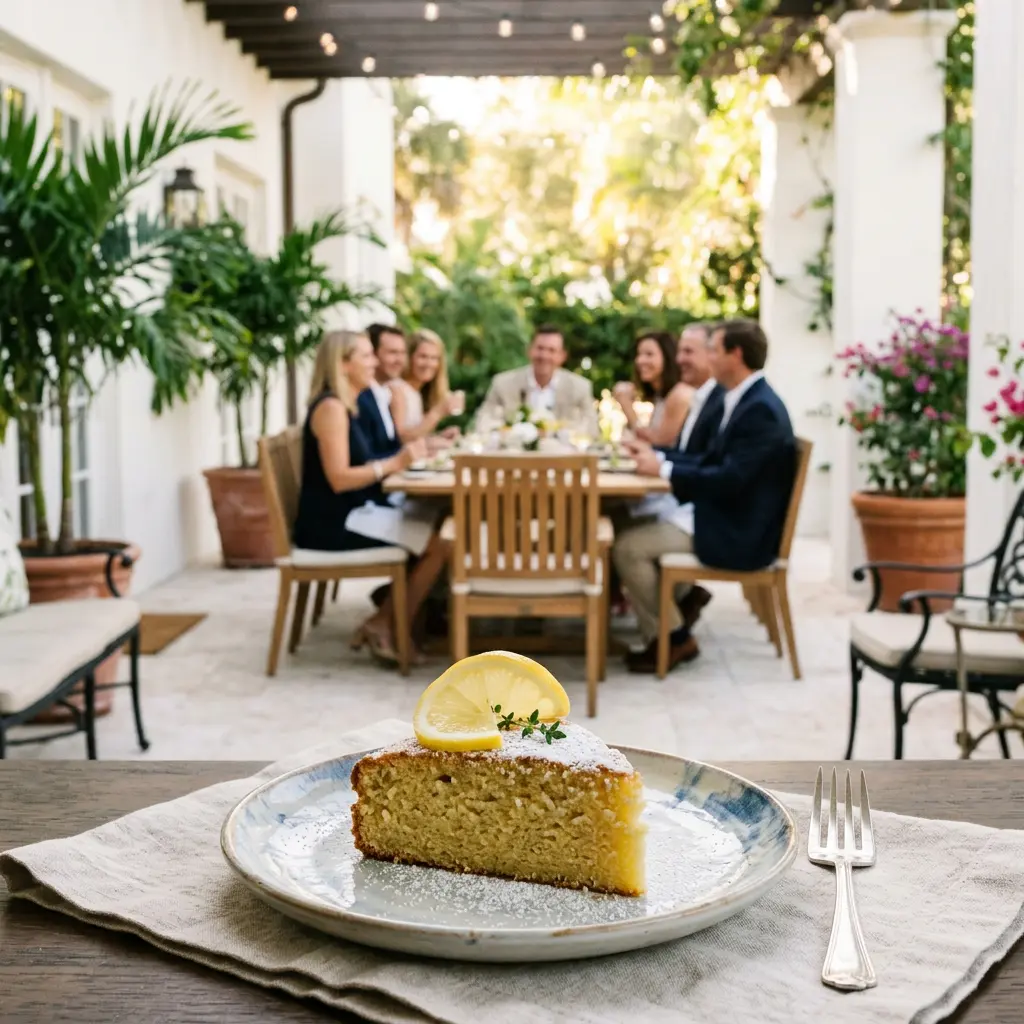 A heavy metal loaf pan, a polished silver pastry knife, and a small crystal pitcher in sharp focus in the foreground, with an elegant afternoon tea gathering blurred in the background