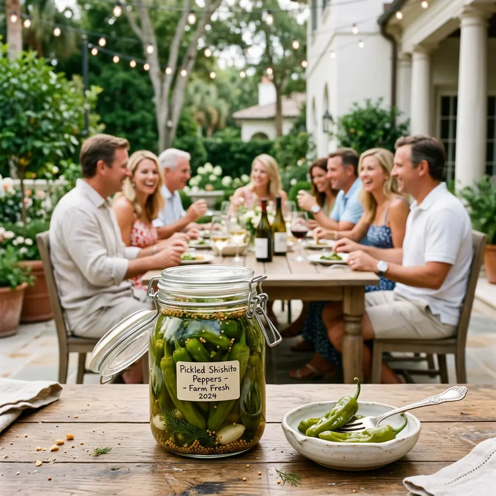 Elegant outdoor estate patio during a sunny weekend brunch with couples laughing in the background, an open jar of pickles and Bloody Marys in the foreground