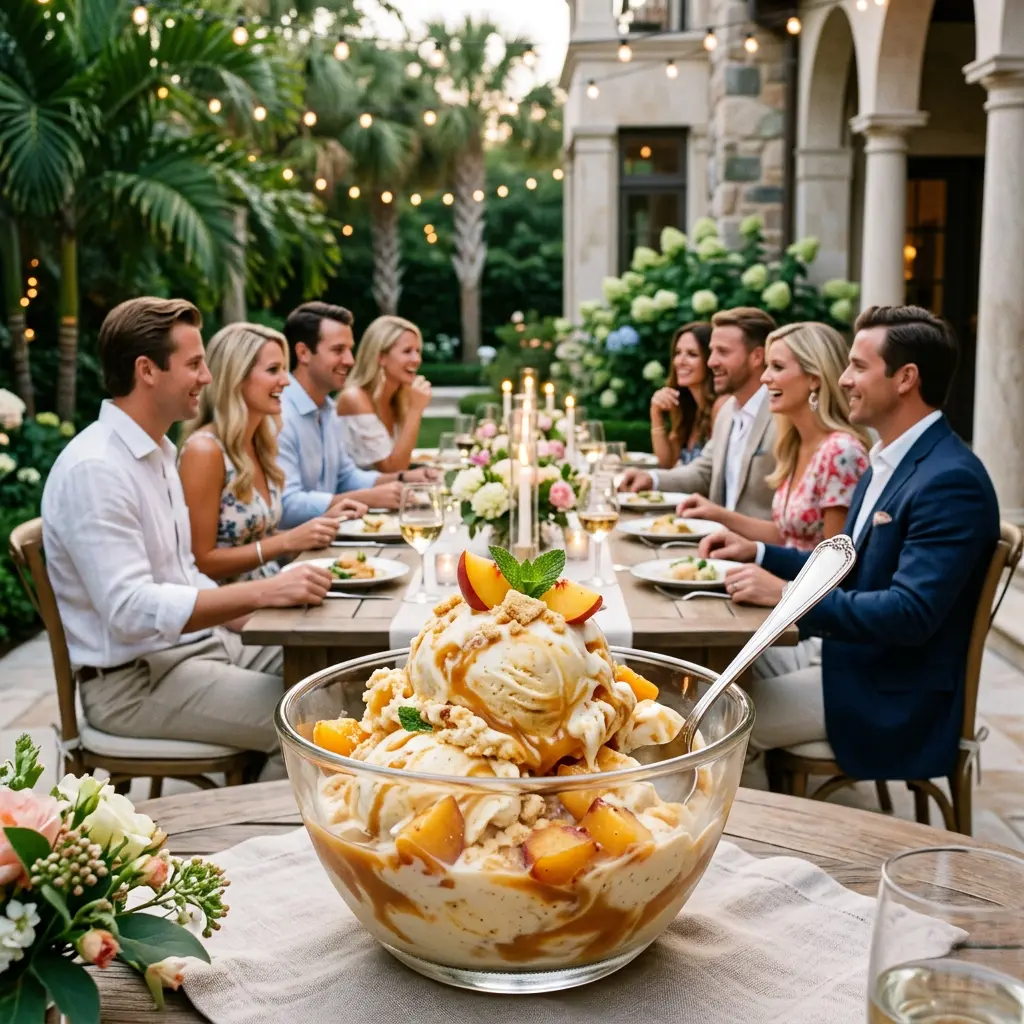 Elegant outdoor estate veranda during a golden, late-summer afternoon gathering with couples laughing in the background, crystal bowls of peach ice cream in the foreground