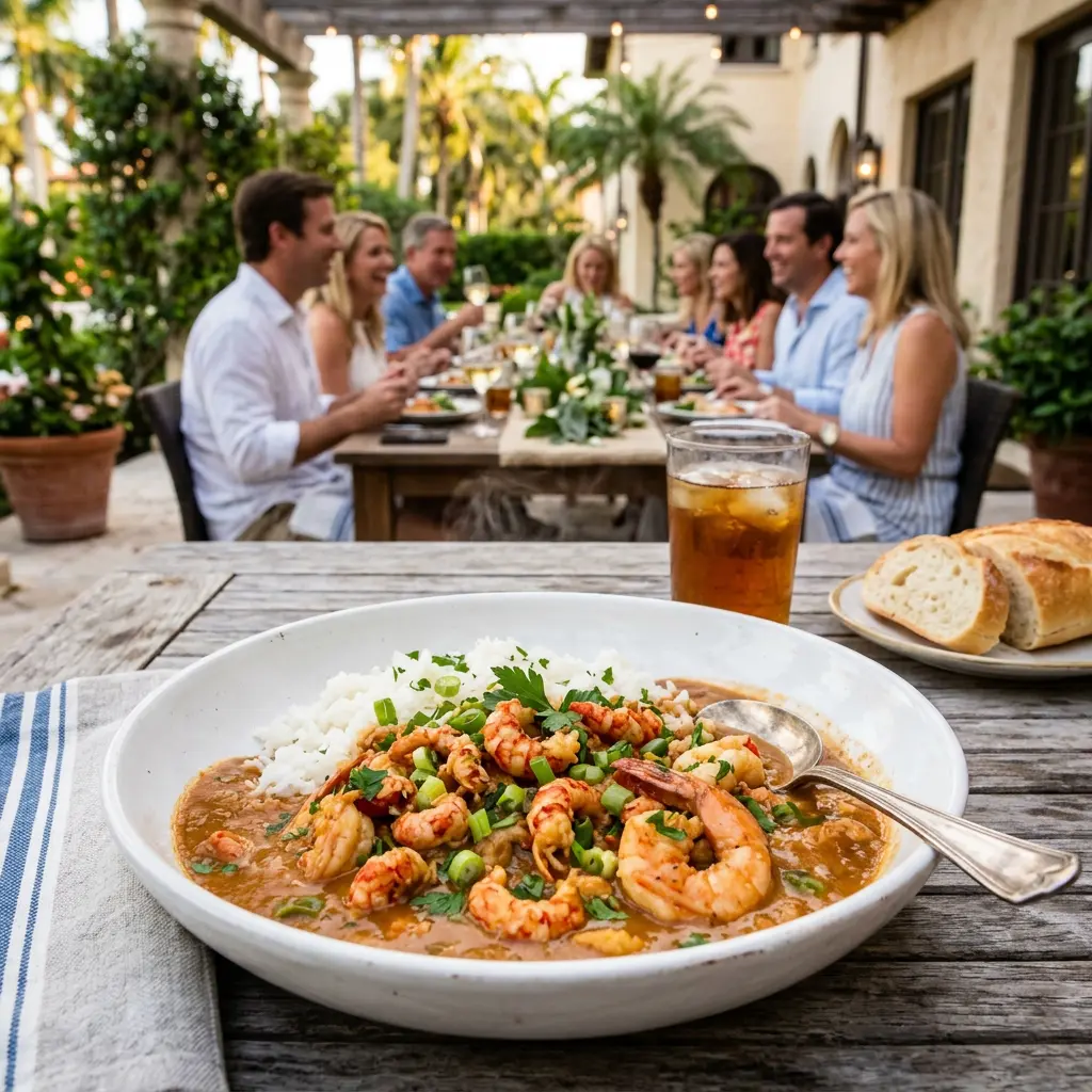 Intimate estate dinner for eight featuring abundant bowls of shrimp étouffée and sophisticated Southern ambiance