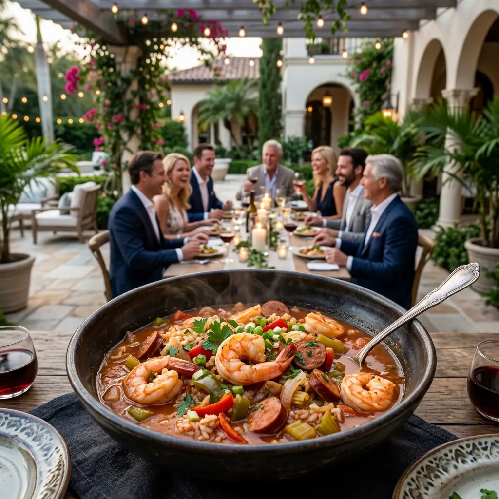 A heavy enameled cast-iron Dutch oven and a professional stainless steel ladle in sharp focus in the foreground, with a warmly lit dining room gathering blurred in the background