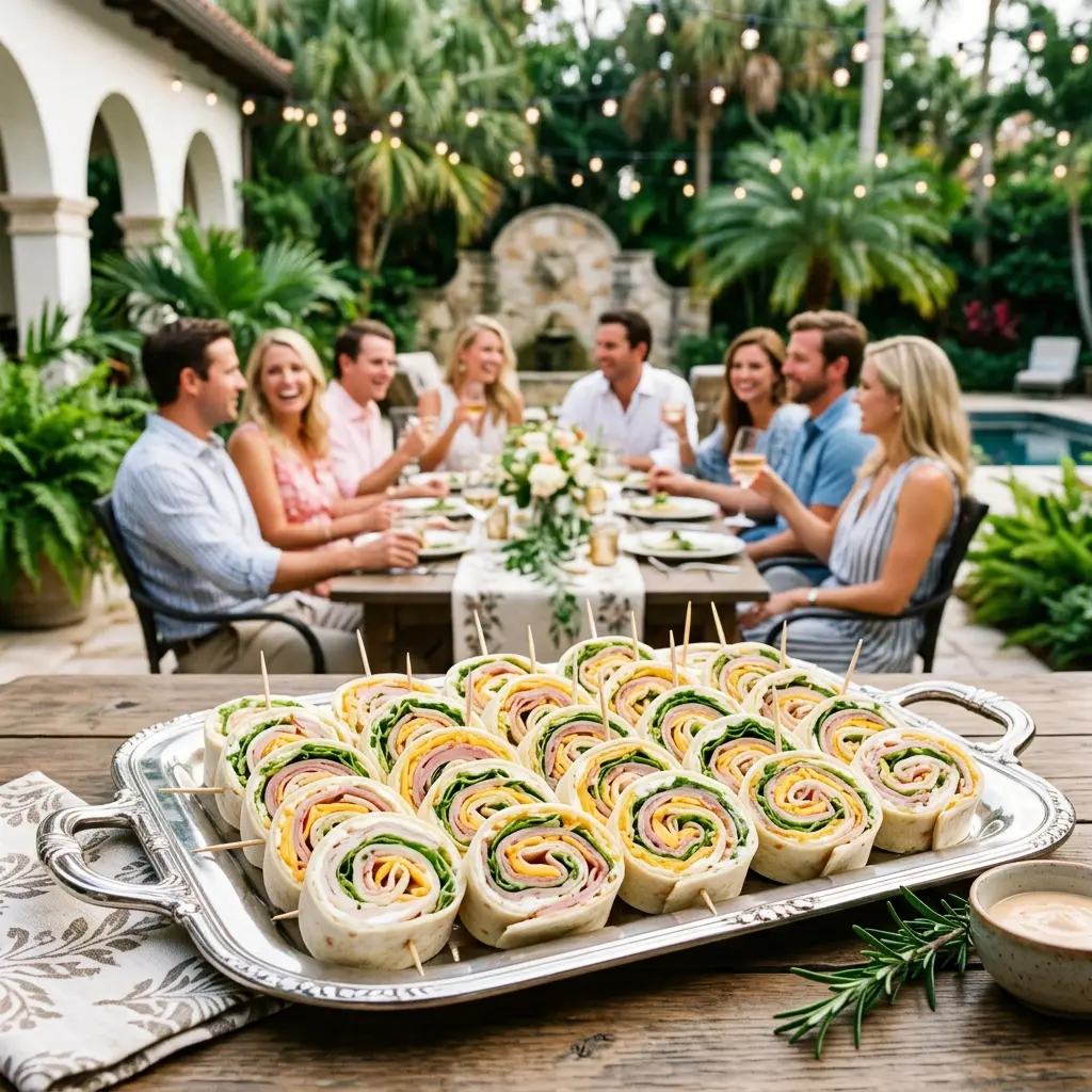 A heavy wooden cutting board holding three uncut, tightly wrapped tortilla cylinders in plastic wrap and a professional chef's knife in sharp focus, with an elegant afternoon luncheon blurred in the background