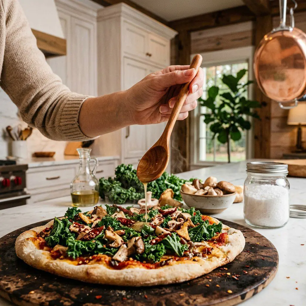 Home cook prepared steps for assembling and cooking “Kale Yeah!” and Chili Pizza.