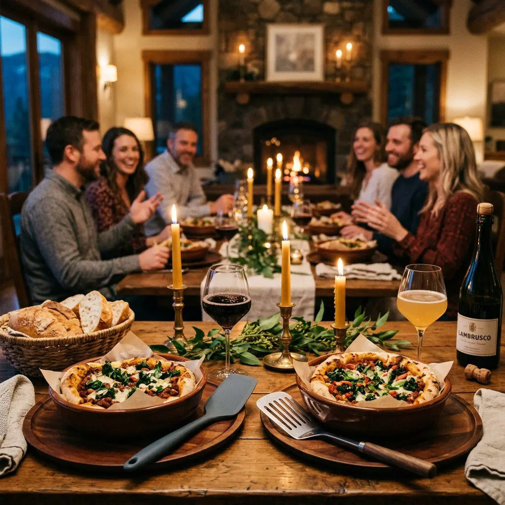 An appetizing, fresh serving of cooked “Kale Yeah!” and Chili Pizza displayed beautifully on a styled dining table.