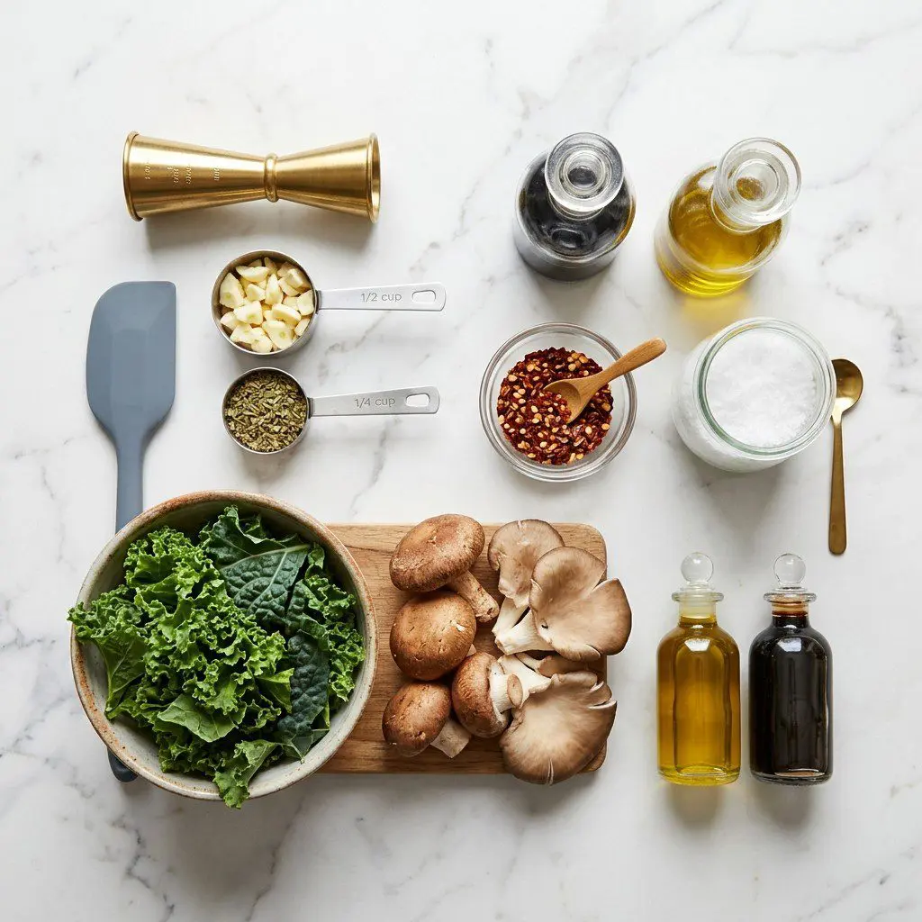 Raw cooking ingredients for “Kale Yeah!” and Chili Pizza arranged beautifully on a clean kitchen counter.