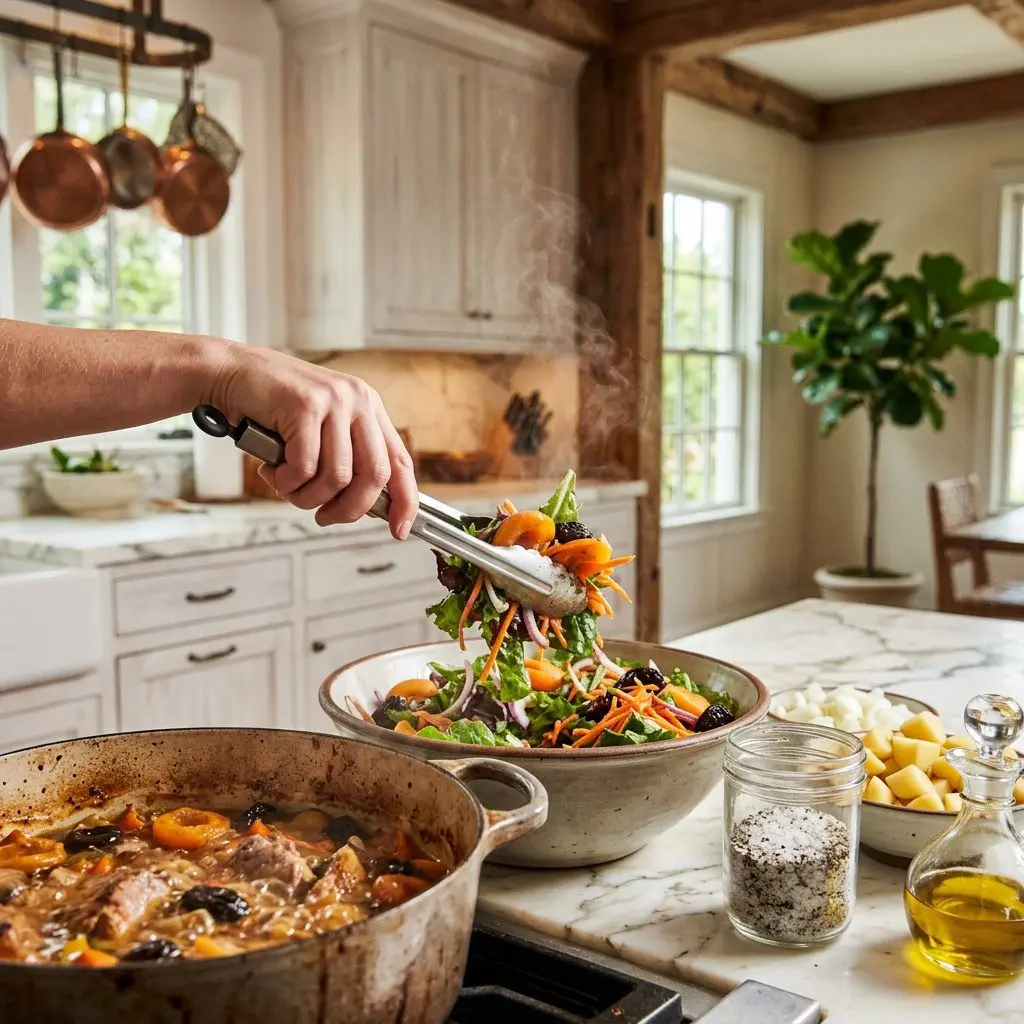 Home cook prepared steps for assembling and cooking Latvian Stew (Pork Stew with Apricots and Prunes).