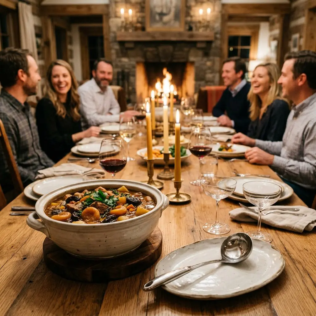 An appetizing, fresh serving of cooked Latvian Stew (Pork Stew with Apricots and Prunes) displayed beautifully on a styled dining table.