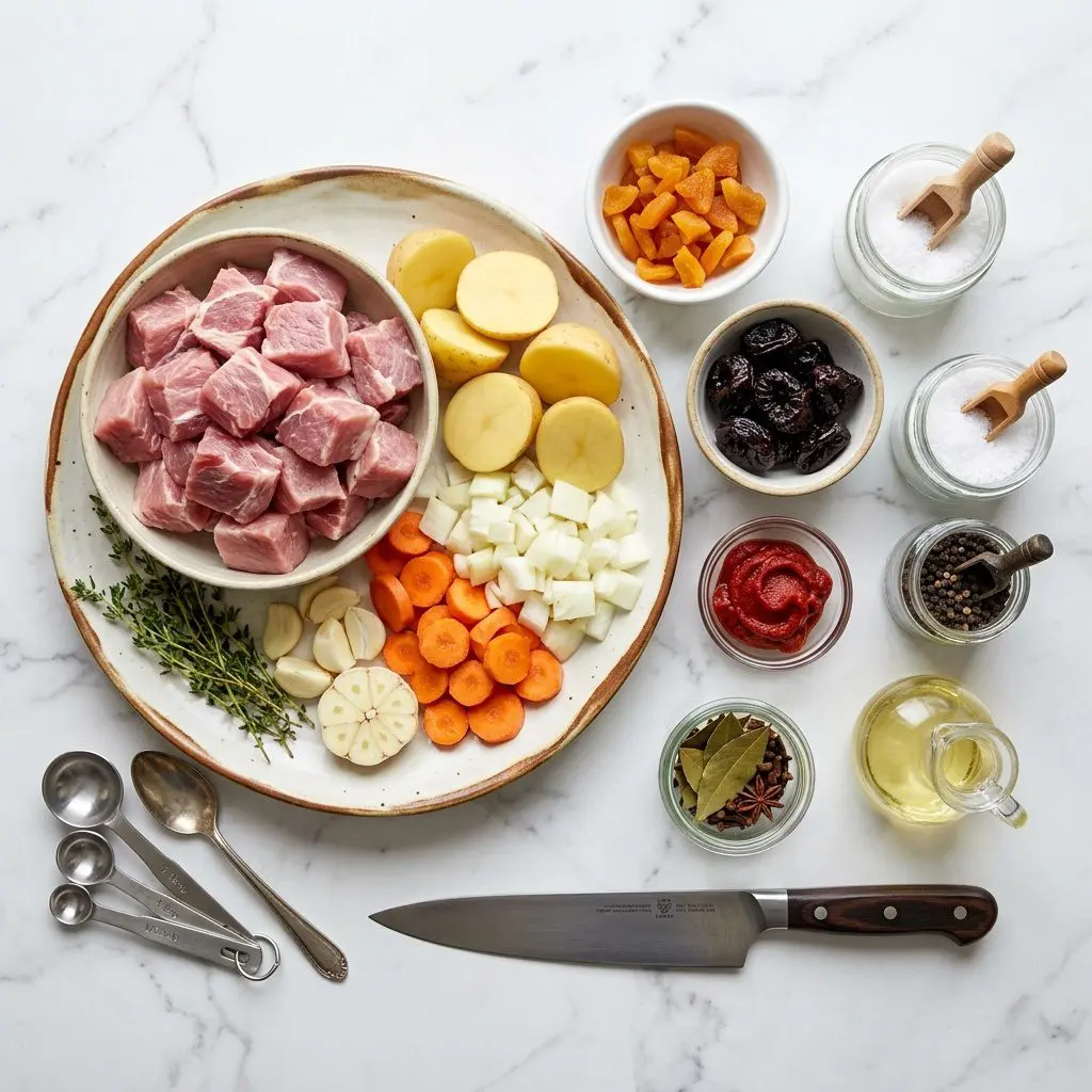 Raw cooking ingredients for Latvian Stew (Pork Stew with Apricots and Prunes) arranged beautifully on a clean kitchen counter.