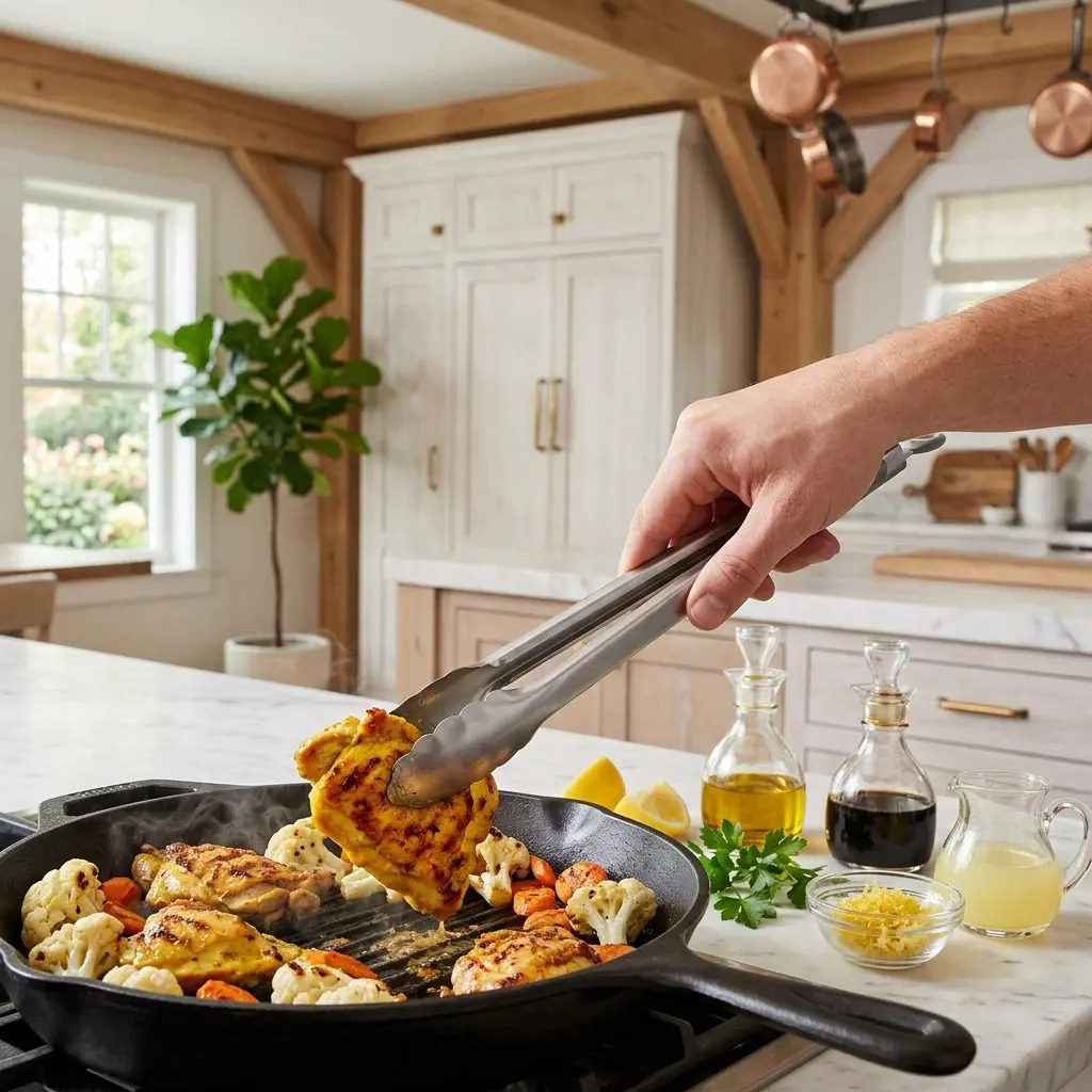 Home cook prepared steps for assembling and cooking Lemon-Ginger Chicken with Cauliflower and Carrots.
