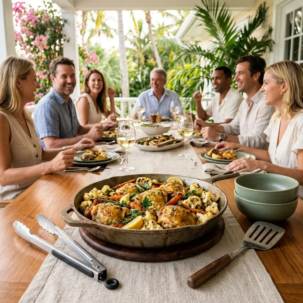 An appetizing, fresh serving of cooked Lemon-Ginger Chicken with Cauliflower and Carrots displayed beautifully on a styled dining table.