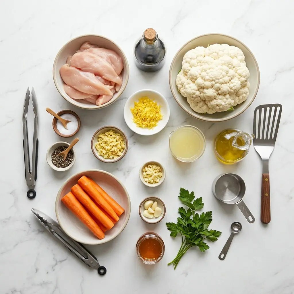 Raw cooking ingredients for Lemon-Ginger Chicken with Cauliflower and Carrots arranged beautifully on a clean kitchen counter.