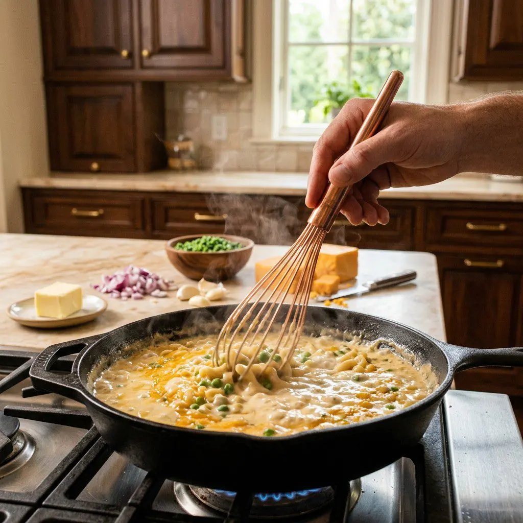 Home cook prepared steps for assembling and cooking Mac ‘n Cheese ‘n Peas.