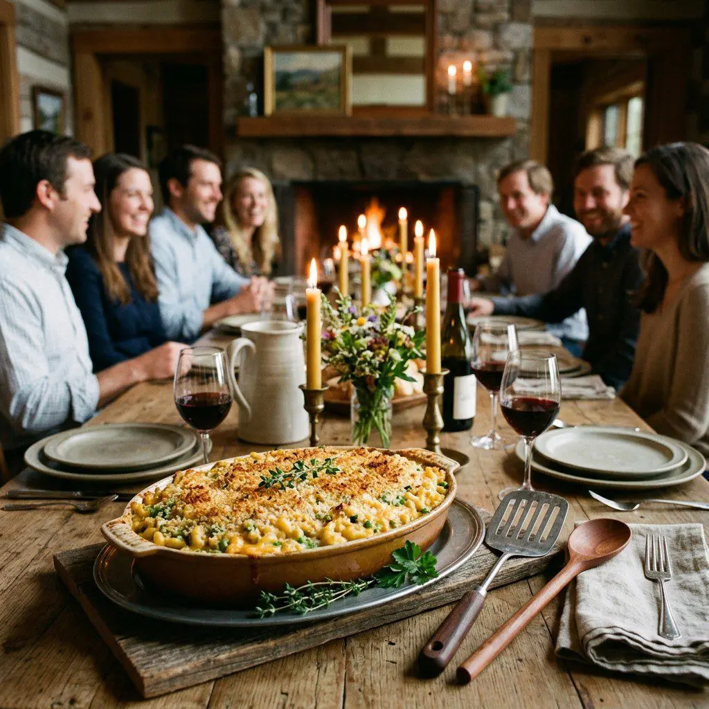 An appetizing, fresh serving of cooked Mac ‘n Cheese ‘n Peas displayed beautifully on a styled dining table.