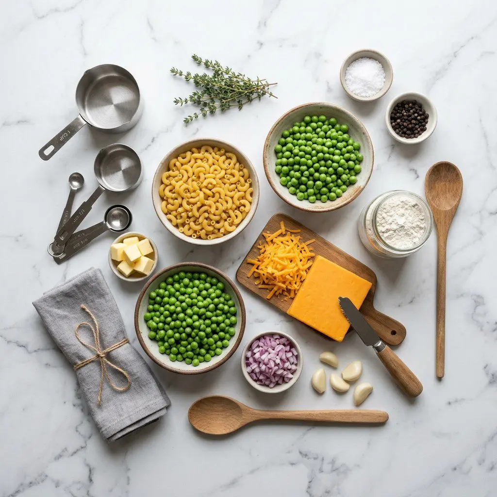 Raw cooking ingredients for Mac ‘n Cheese ‘n Peas arranged beautifully on a clean kitchen counter.