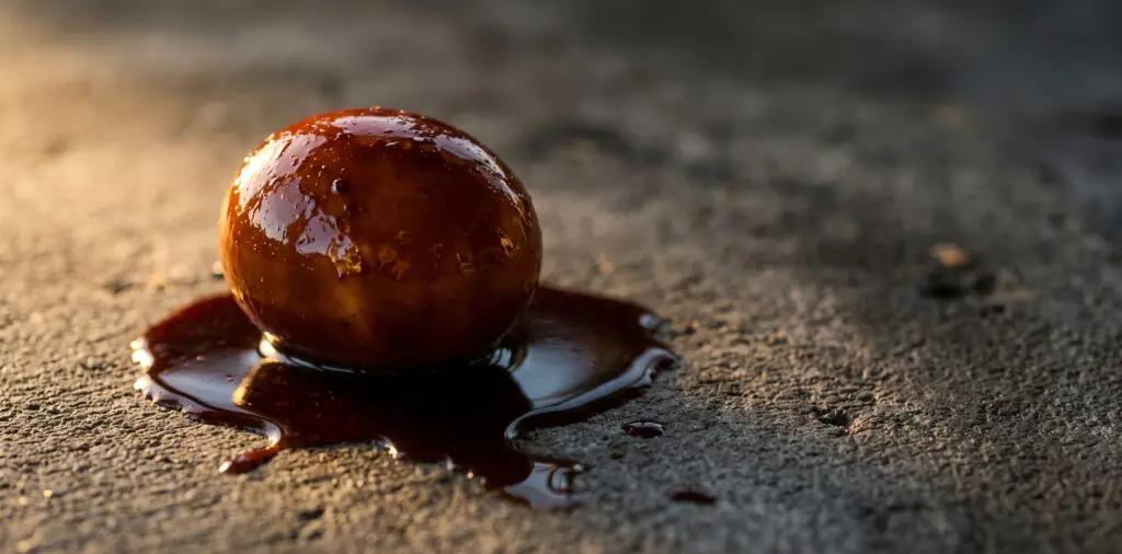 A whole hard-boiled egg coated in a deep mahogany soy-mirin lacquer glaze, glistening.