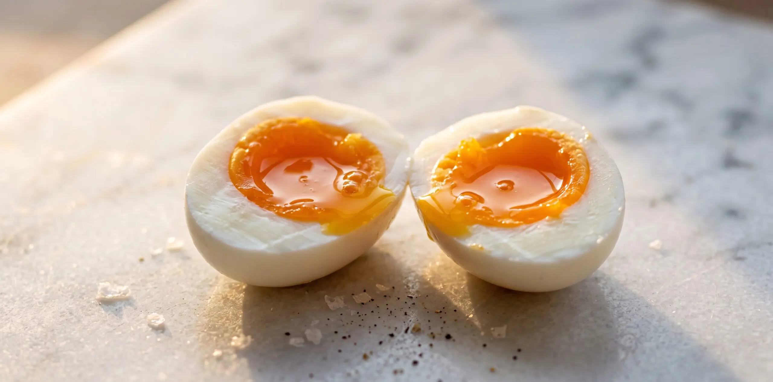 A soft-boiled egg halved to reveal a perfect jammy orange-gold center, molten and gleaming.