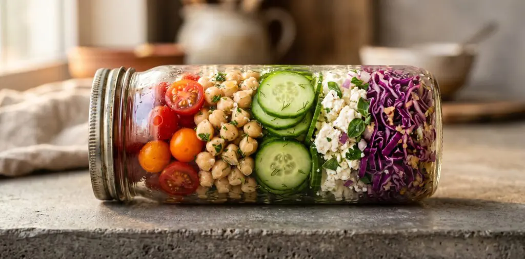 A mason jar showing crisp horizontal layers of cherry tomatoes, chickpeas, cucumber, feta, and purple cabbage.