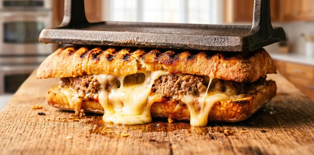 A thick meatloaf panini pressed in a grill press, melted provolone oozing from the sides, grill marks on the bread.