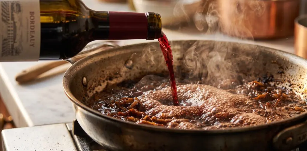 A hot pan being deglazed with red wine, a dramatic sizzle creating steam, brown bits lifting from the fond.