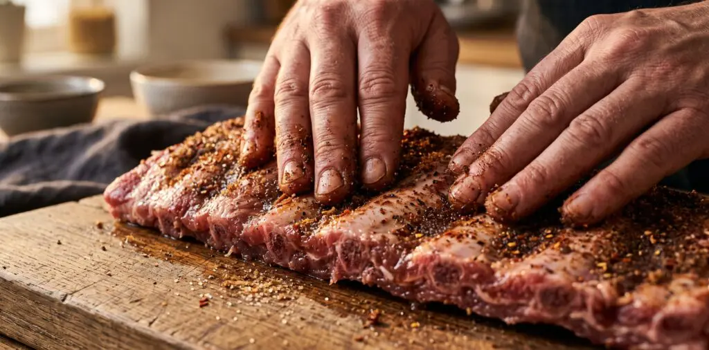 Two hands pressing a spice rub into a raw rack of ribs, dark paprika and sugar visible, fingers working every crevice.