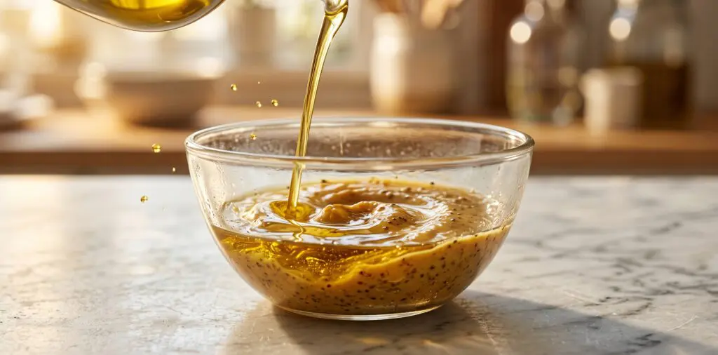 A ribbon of golden olive oil pouring into a bowl of mustard and vinegar, the liquids swirling toward emulsion.
