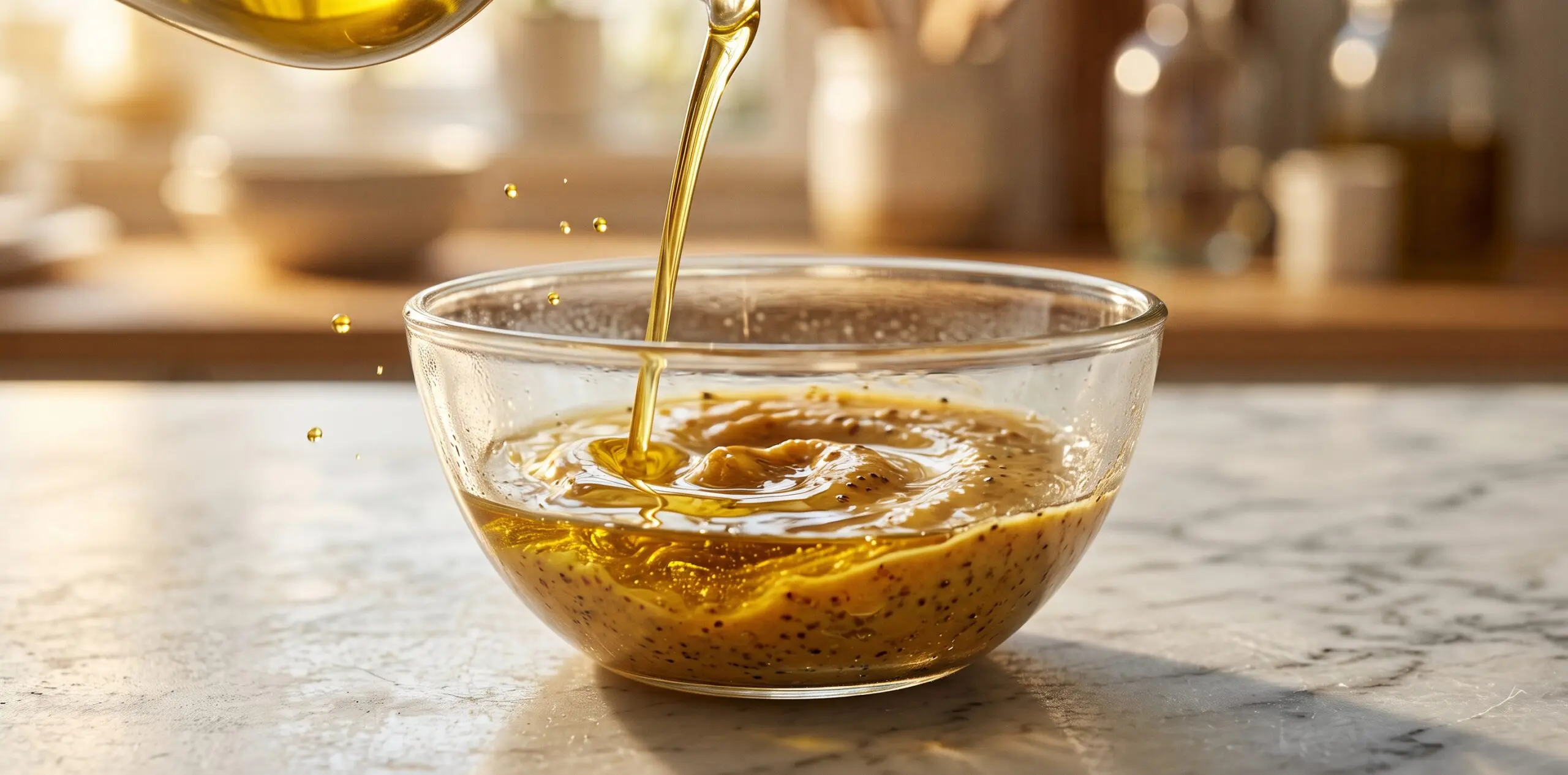 A ribbon of golden olive oil pouring into a bowl of mustard and vinegar, the liquids swirling toward emulsion.