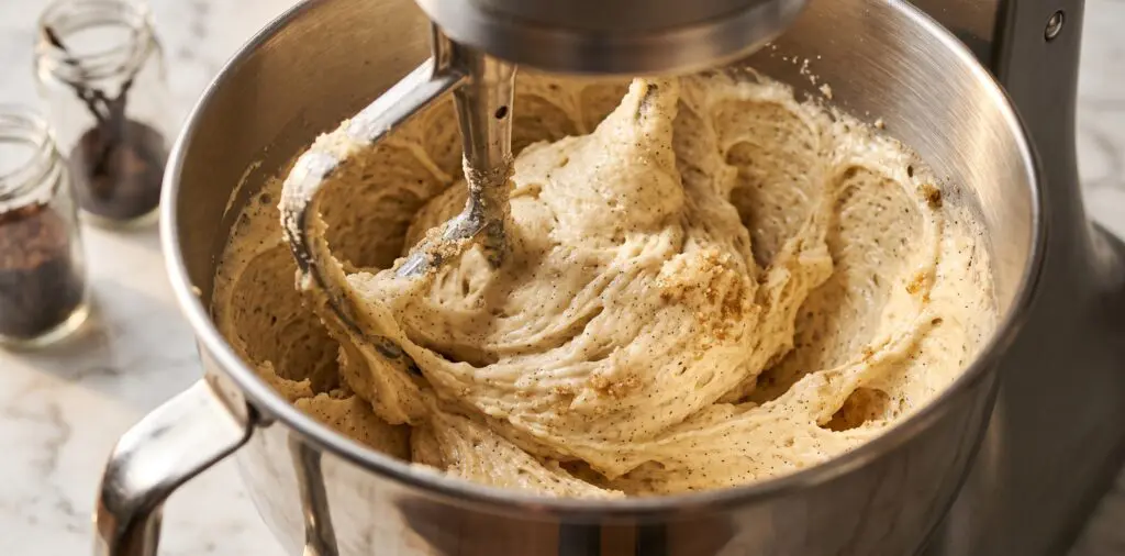 A stand mixer bowl filled with pale, fluffy creamed butter and brown sugar, vanilla seeds speckling the mixture.