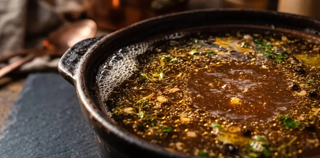 A tight macro of a rich dark amber beef stock barely simmering, golden fat globules floating at the surface.
