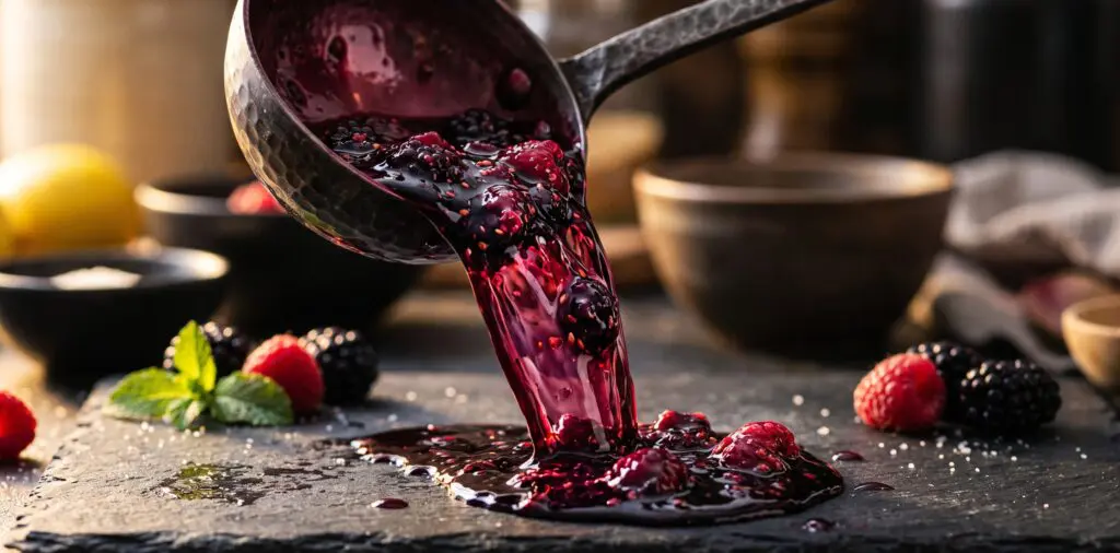 A stream of deep violet berry syrup pouring from a ladle, blackberries and raspberries visible.