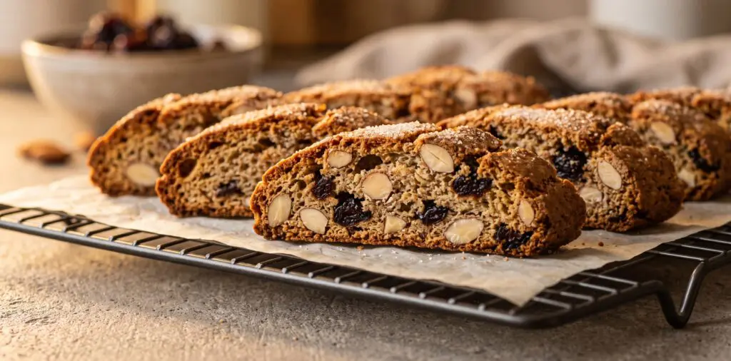 Twice-baked biscotti slices fanned on a parchment rack, the cut faces revealing almonds and dried cherries.