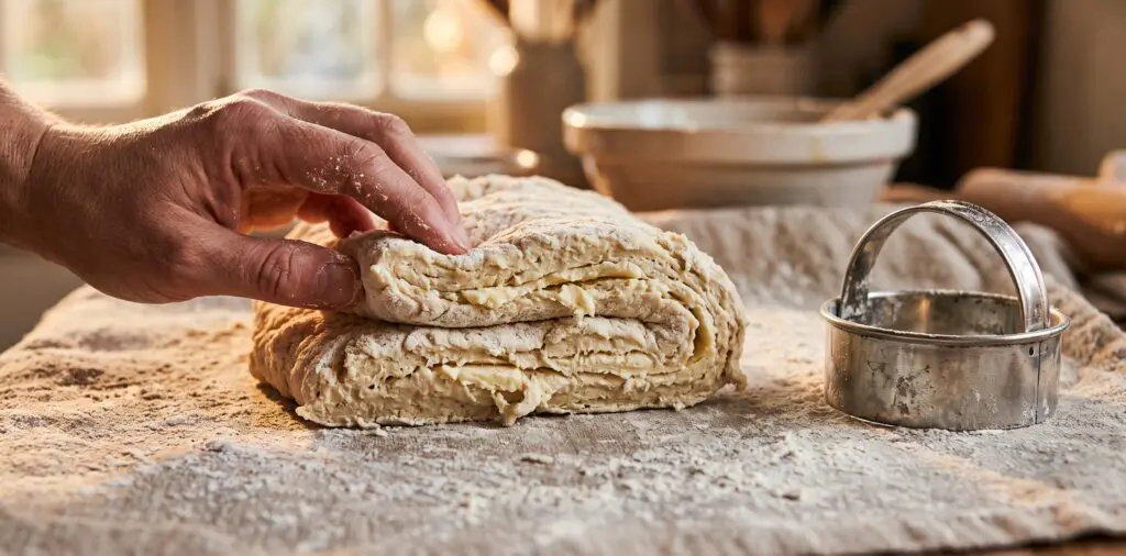 Cold buttermilk biscuit dough being folded over itself, visible butter layers in the dough cross-section.