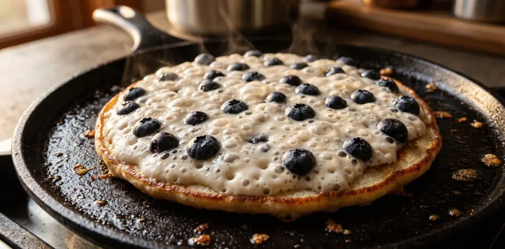 A single blueberry pancake on a hot griddle, bubbles forming, fat blueberries half-submerged in batter.