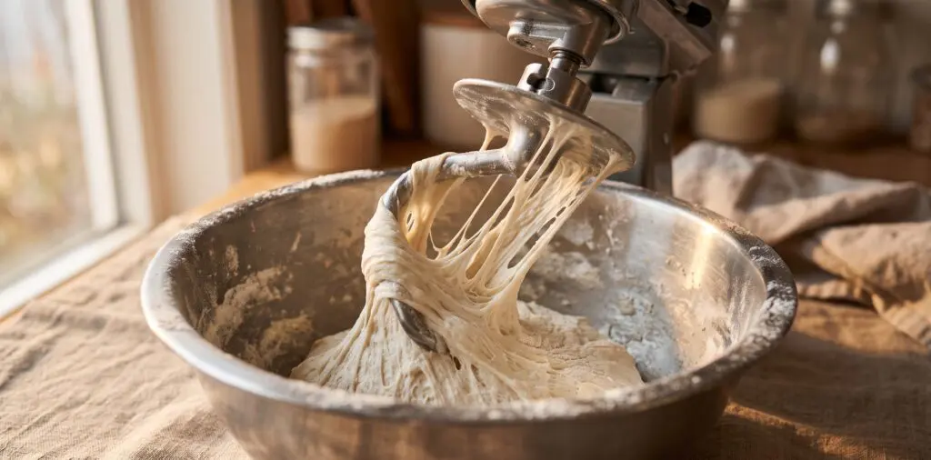 A stainless dough hook in a stand mixer pulling elastic white bread dough, gluten strands stretching around the hook.